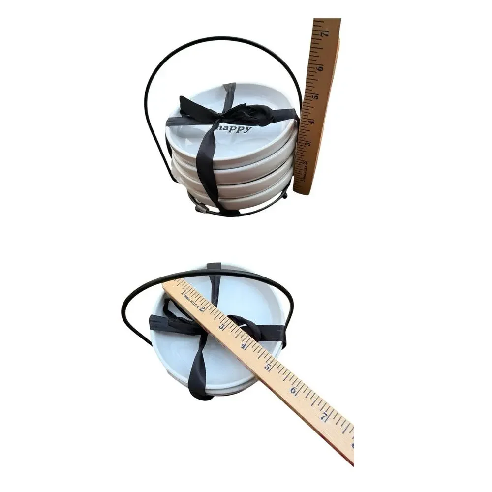 Set of 4 White Ceramic Appetizer Plates With Black Stand Happy Yum Tasty Enjoy